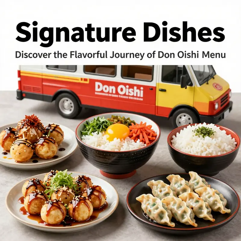 A tempting selection of signature dishes from Don Oishi Food Truck, representing the vibrant flavors of their Japanese fusion menu.