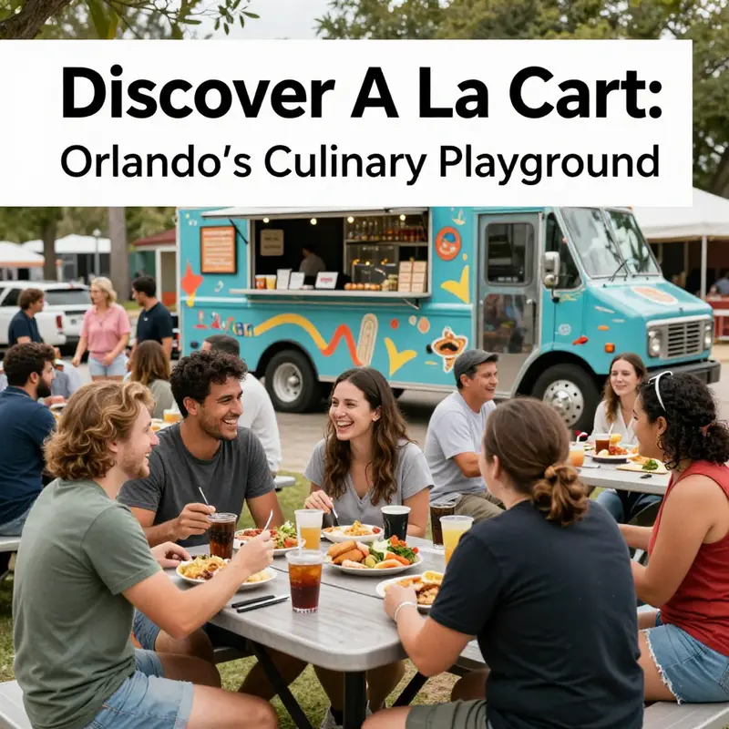 A lively view of A La Cart showcasing the vibrant food truck scene against a beautiful Florida backdrop.