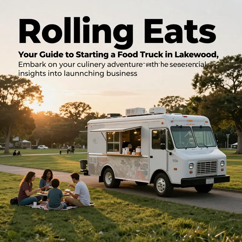 A food truck parked in Lakewood during sunset, surrounded by families enjoying their food.