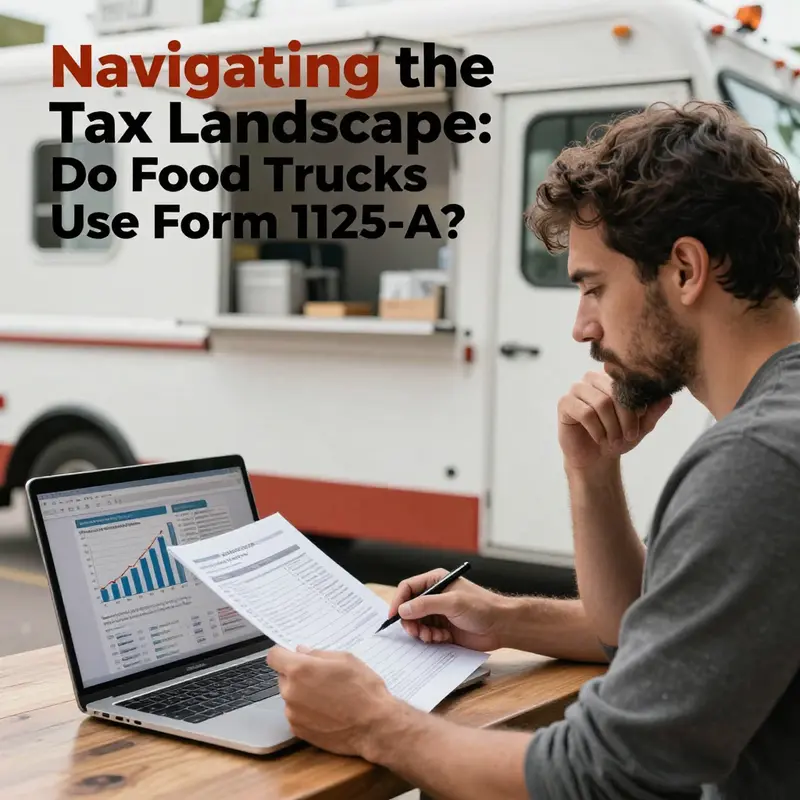 A food truck centered in a bustling Lakewood street, with tax discussions being held nearby about Form 1125-A.