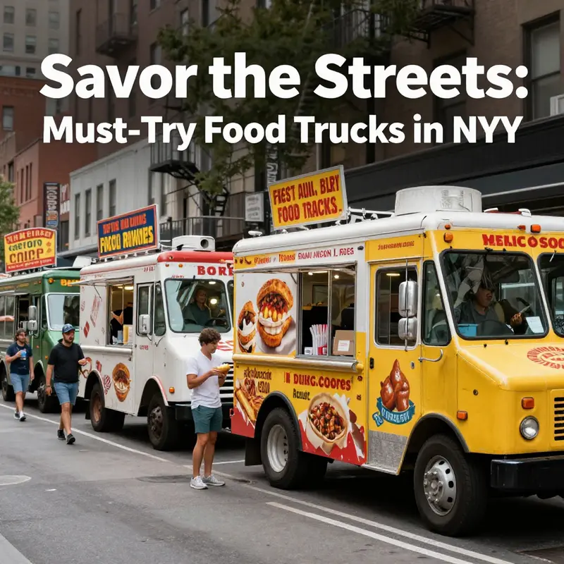 A bustling NYC street filled with diverse food trucks offering a variety of global flavors.