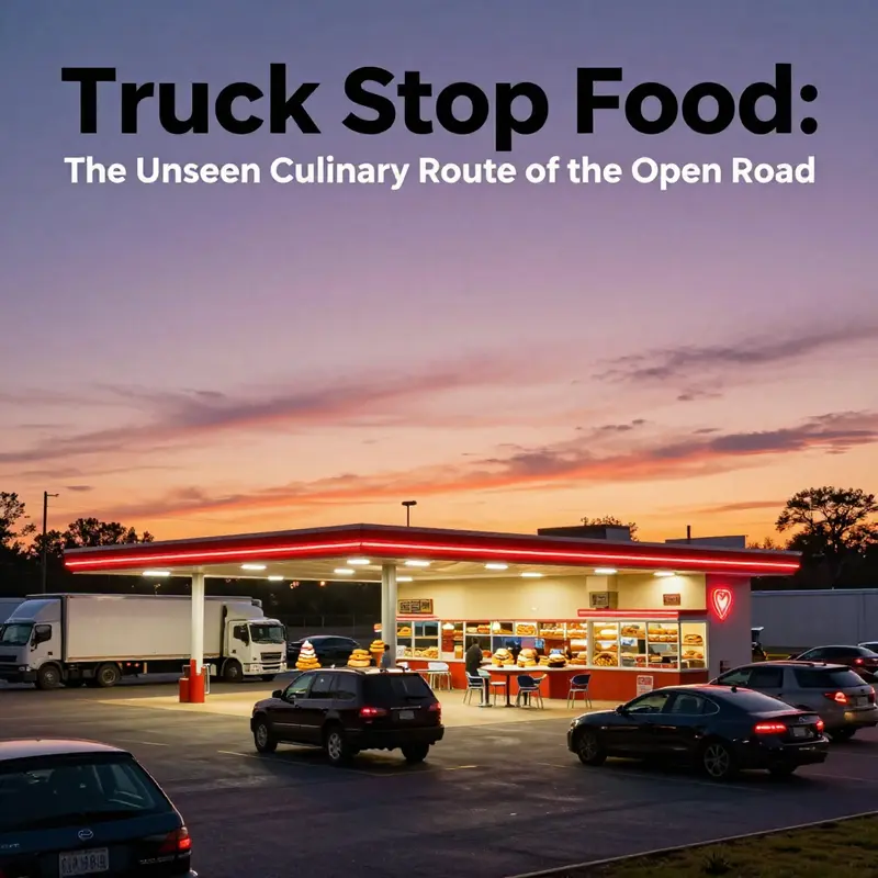 A picturesque truck stop diner glowing at dusk with neon lights, showcasing the inviting nature of roadside food options.