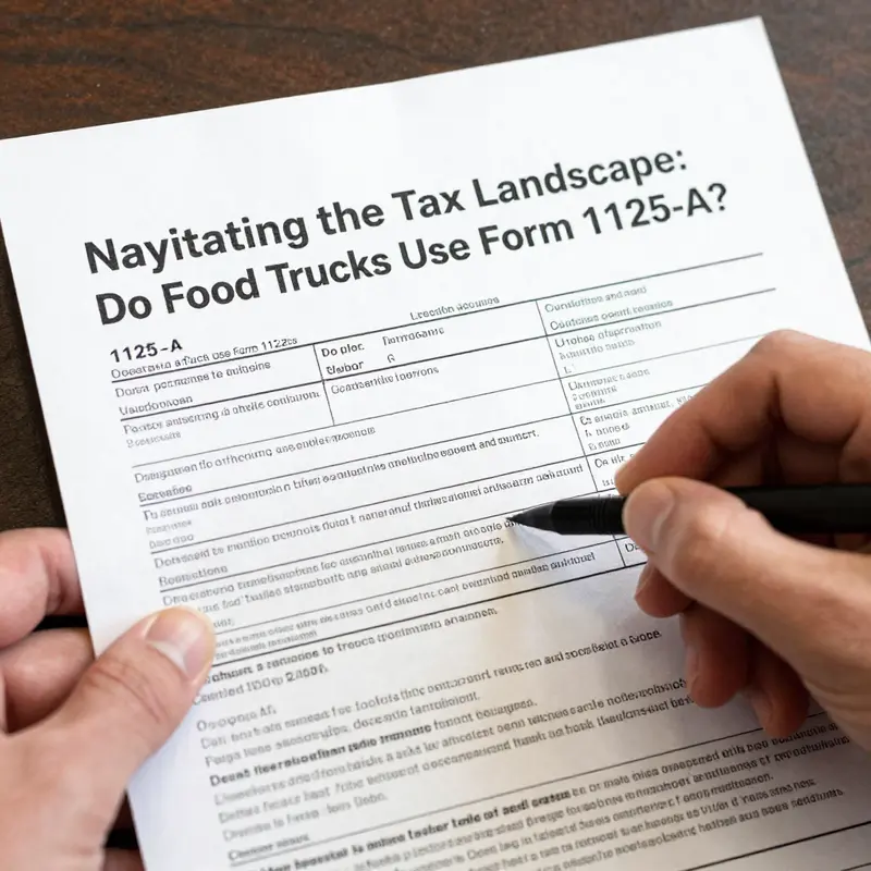 A food truck centered in a bustling Lakewood street, with tax discussions being held nearby about Form 1125-A.