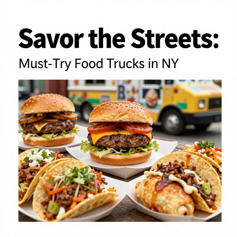 A bustling NYC street filled with diverse food trucks offering a variety of global flavors.