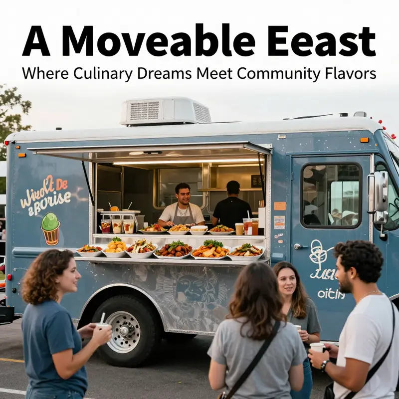 A lively scene around A Moveable Feast Food Truck in Lakewood, with customers enjoying a range of delicious dishes and a sense of community.