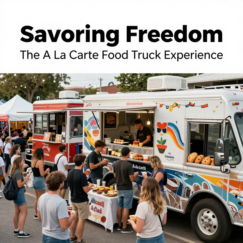 Food enthusiasts enjoying a variety of dishes from a la carte food trucks at a vibrant festival.