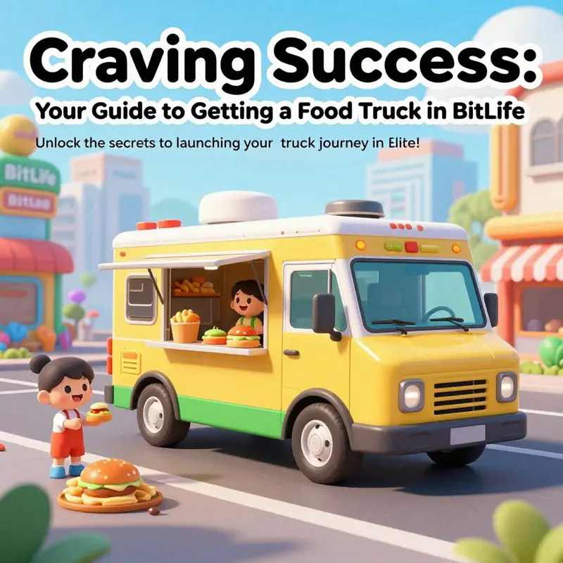A vibrant illustration of a BitLife food truck with characters enjoying meals in a lively digital city setting.