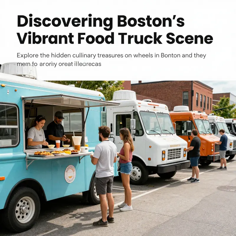 A lively scene of food trucks in Boston with people enjoying food, showcasing the city's rich food culture.