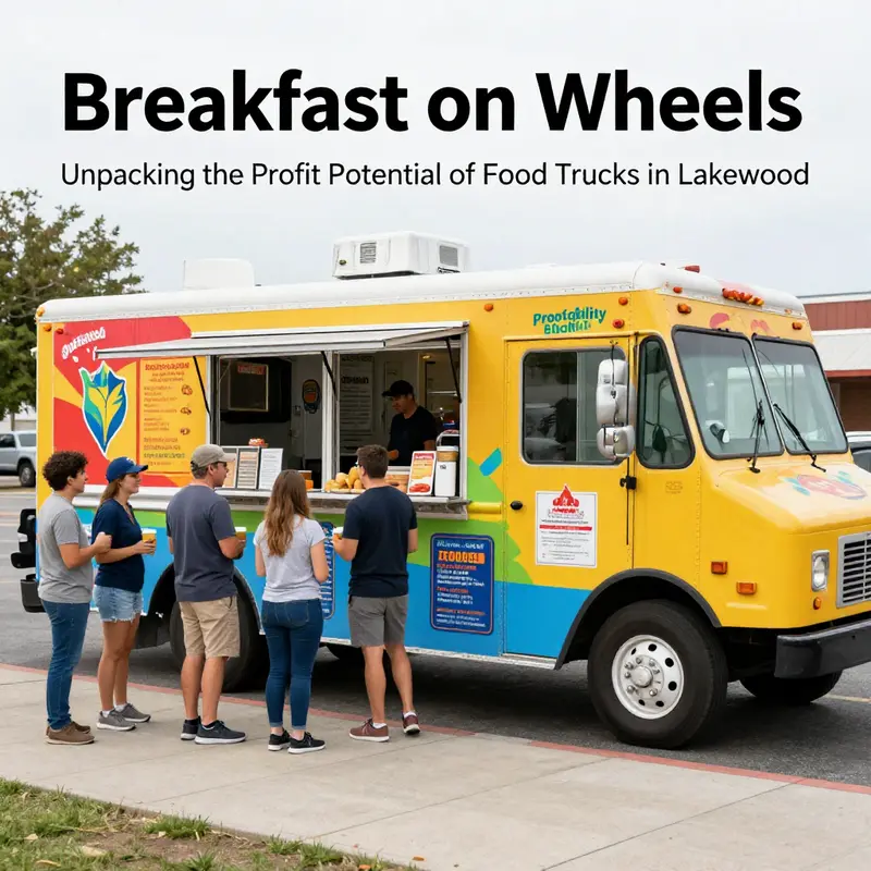 A busy breakfast food truck serving a diverse range of delighted customers in Lakewood.