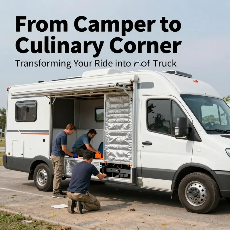 An interior view of a camper converted into a functional kitchen for food truck operations, with vibrant colors and organized equipment.