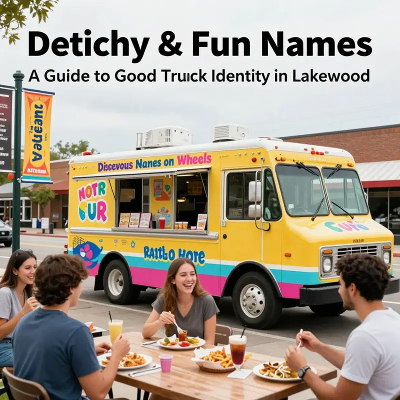 A lively food truck scene highlighting catchy names that attract customers.