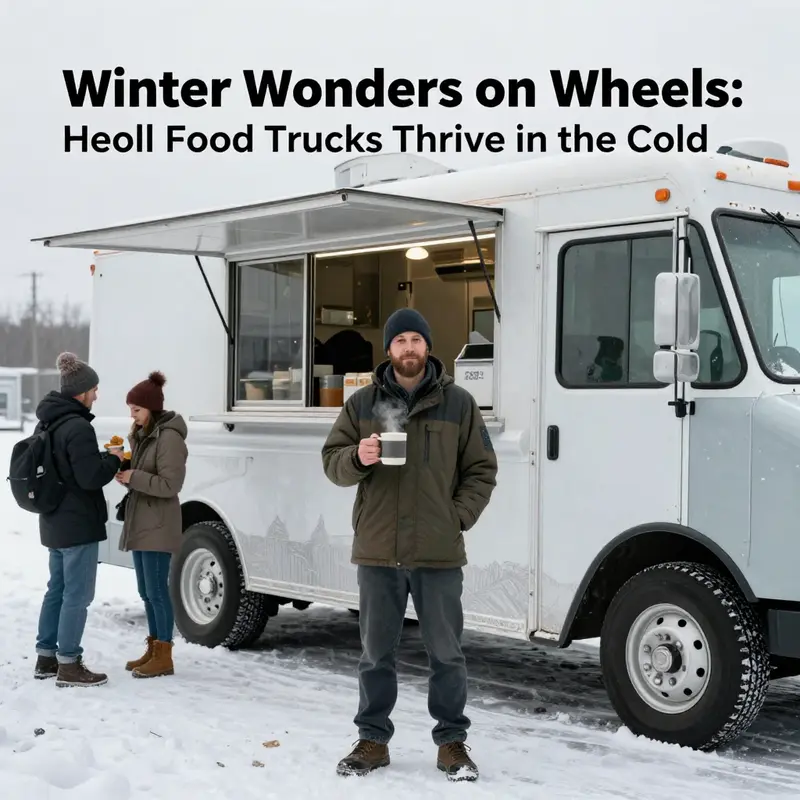A winter food truck equipped with a heated tent welcomes hungry customers during snowy weather.