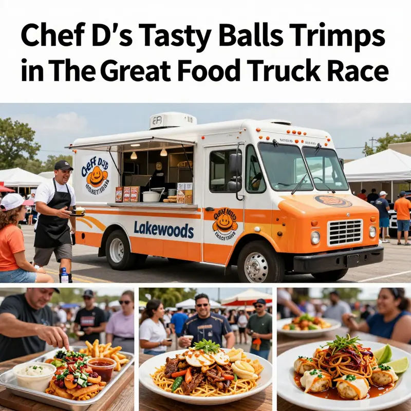 A colorful collage of Chef D's food truck, signature dishes, and happy customers, representing the joy of Lakewood's food culture.