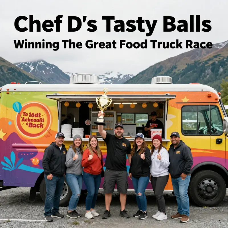 Chef D celebrates the victory with her team amidst the stunning backdrop of Alaska.