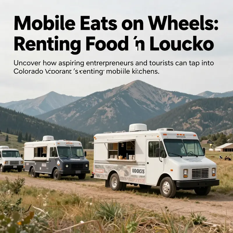 A scenic landscape in Colorado with food trucks parked against the mountains, highlighting the food truck culture in the area.