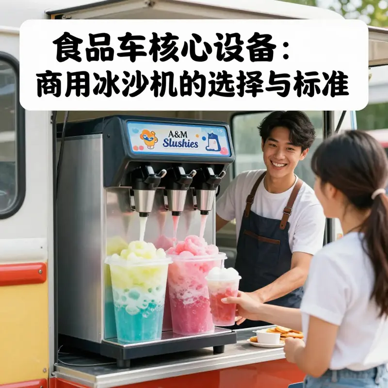 A colorful slushie machine at A&M Slushies Food Truck, attracting excited customers.
