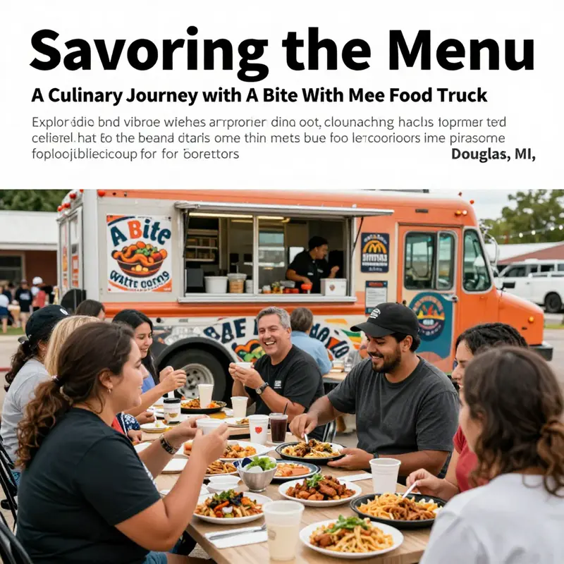 A lively scene of A Bite With Mee food truck serving a happy crowd in Douglas, MI, showcasing community spirit and culinary delight.