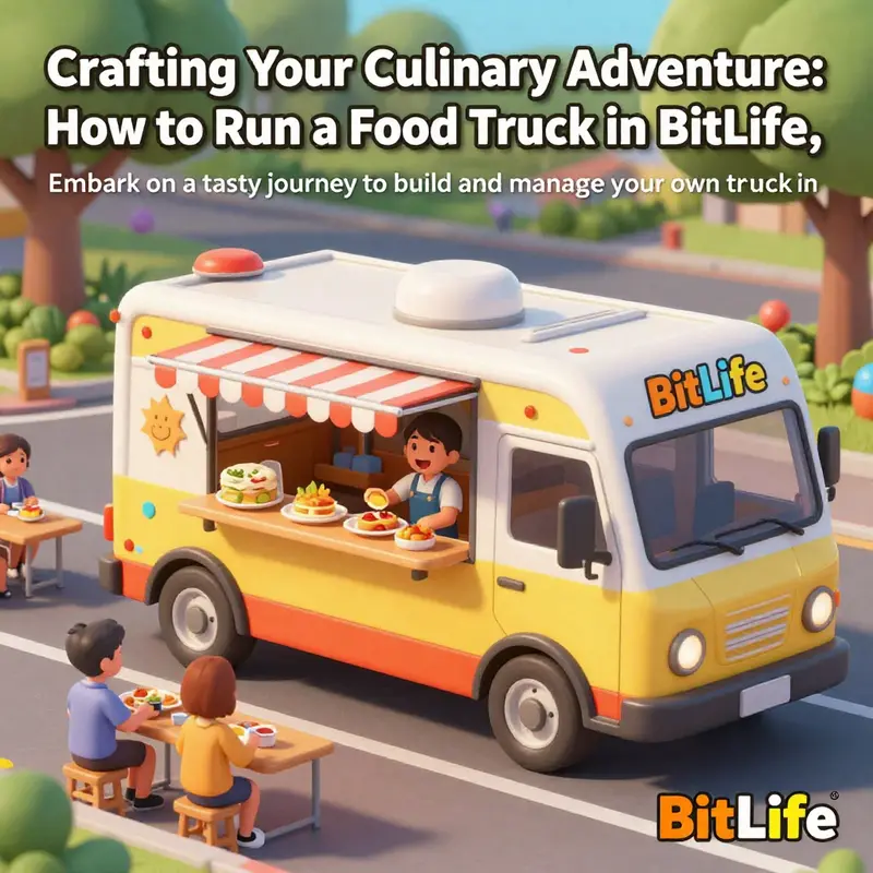 A lively BitLife food truck surrounded by happy customers and colorful food offerings.