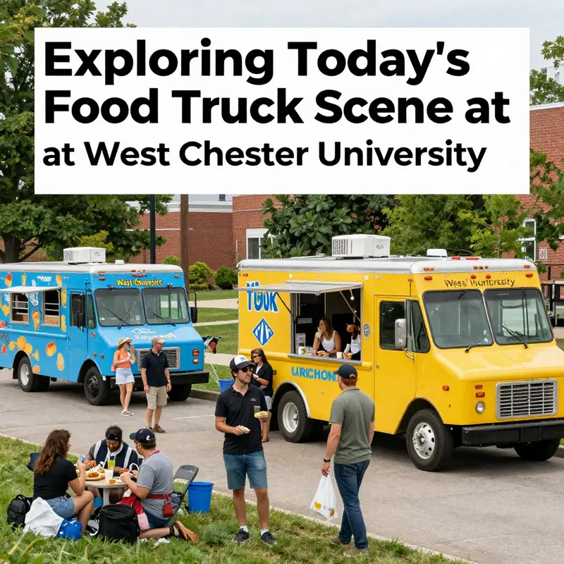 Food truck festival with students enjoying their meals on West Chester University campus.