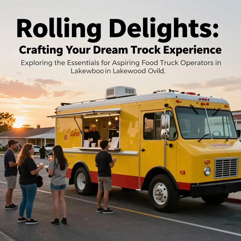 A food truck in Lakewood bustling with customers under a colorful sunset.