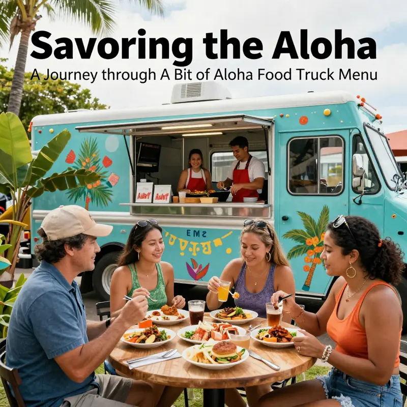 A lively scene of a food truck with customers enjoying Hawaiian food outdoors in a beautiful setting.