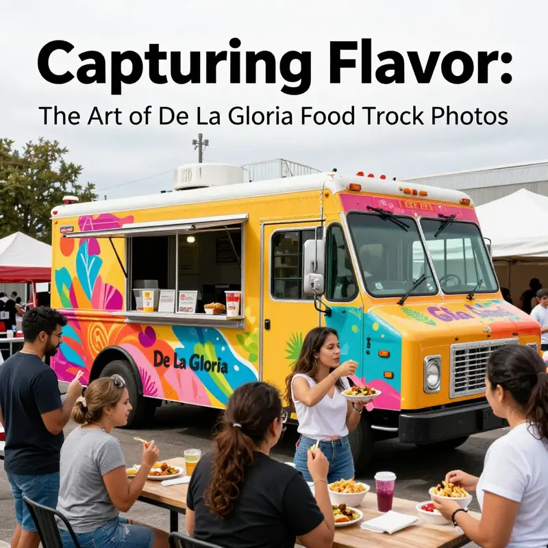 A colorful and bustling food truck scene featuring De La Gloria, surrounded by happy customers enjoying delicious street food.