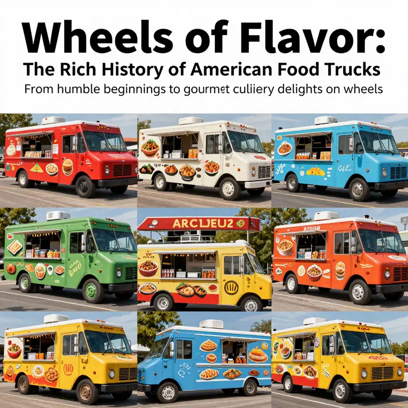 A vibrant collage of diverse food trucks representing various cuisines from across the United States, symbolizing the rich culinary culture of food trucks.