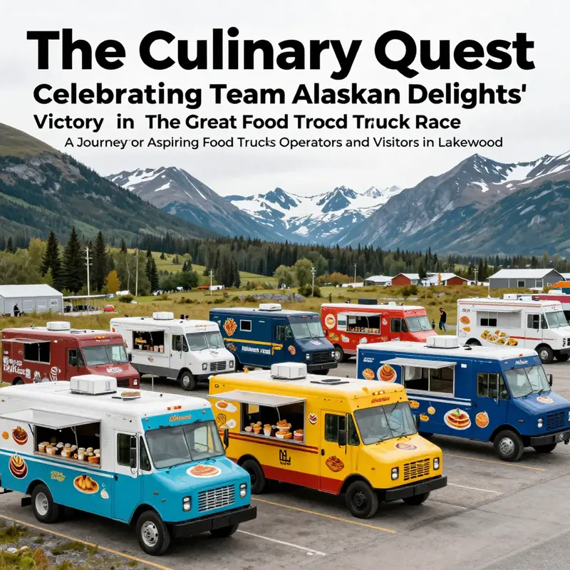 A panoramic view of food trucks set against the stunning Alaskan landscape, encapsulating the spirit and diversity of The Great Food Truck Race.
