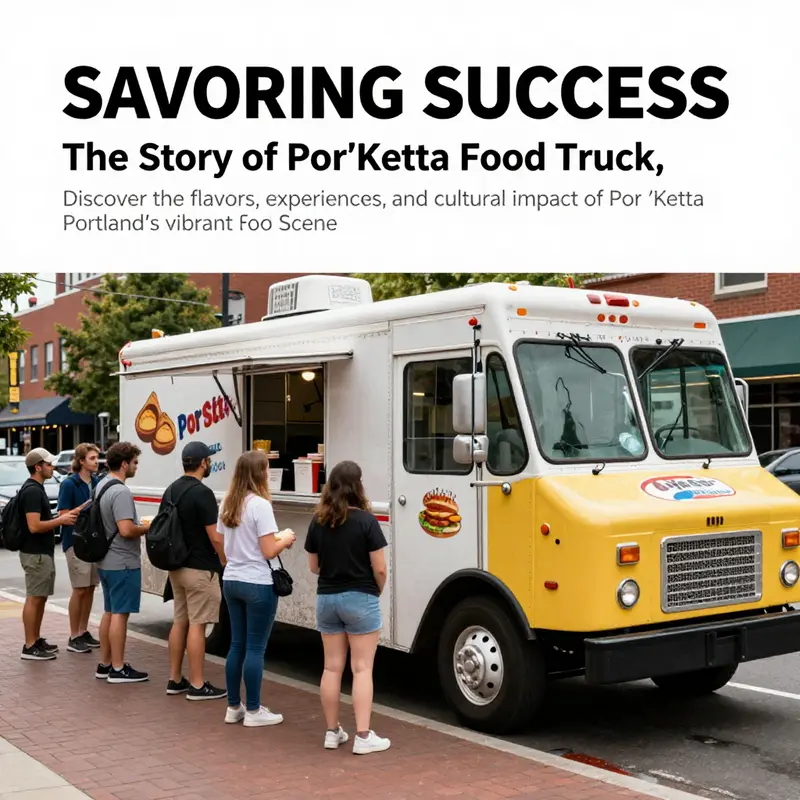 Por'Ketta Food Truck with a line of customers outside, set in the lively streets of Portland, representing the essence of mobile dining.