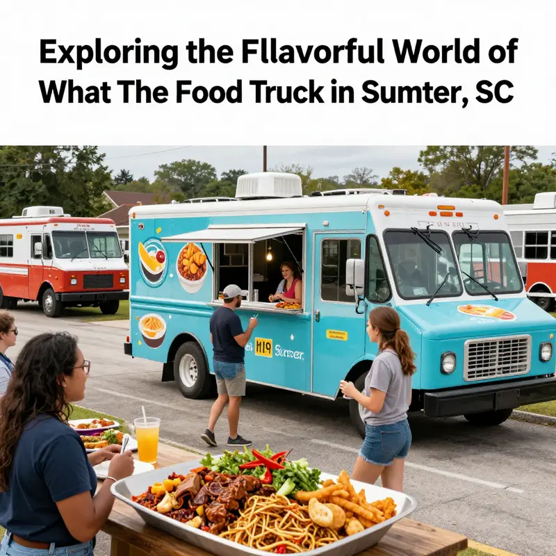 A colorful food truck scene with customers enjoying meals and the Sumter backdrop.