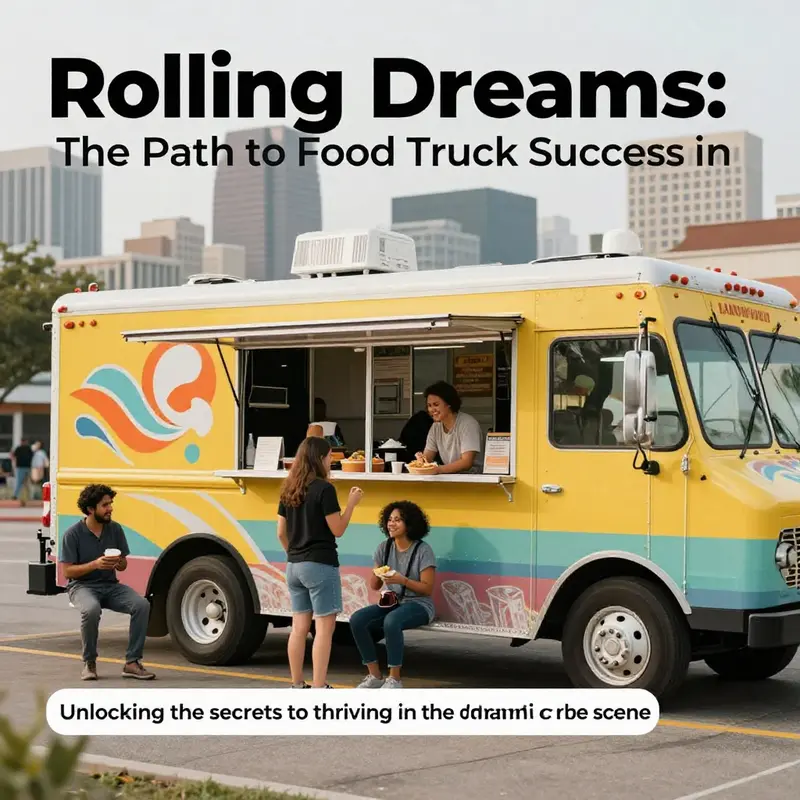 A lively food truck scene in Lakewood with customers enjoying their meals outdoors, representing success in the food truck business.
