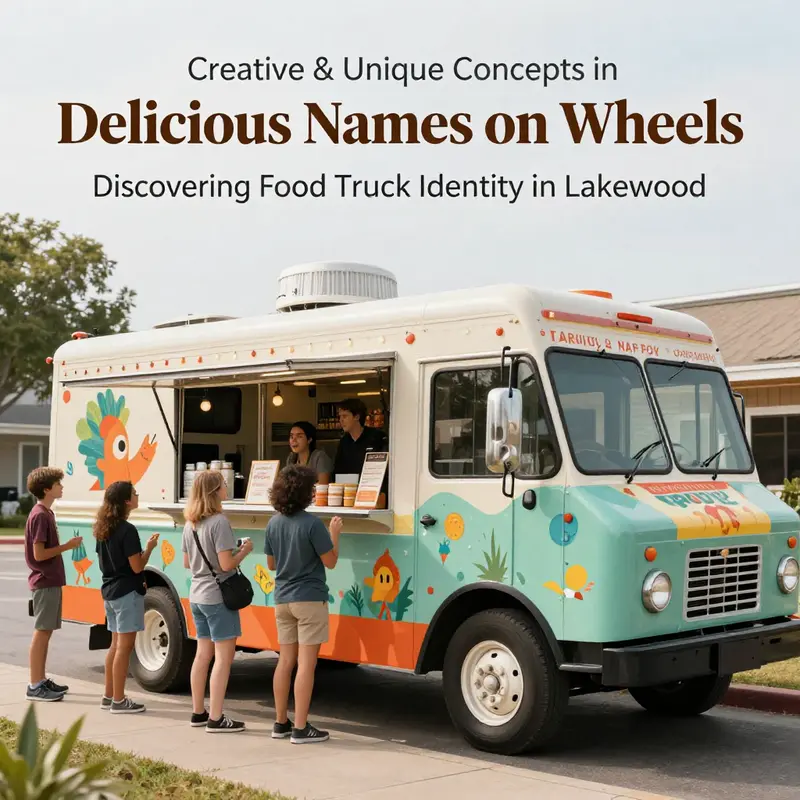 A lively food truck scene highlighting catchy names that attract customers.
