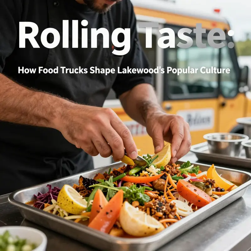 A lively scene depicting the cultural impact of food trucks in Lakewood’s urban landscape.
