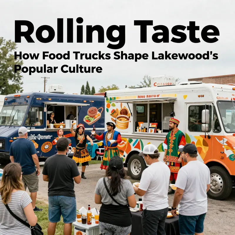 A lively scene depicting the cultural impact of food trucks in Lakewood’s urban landscape.