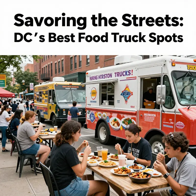 A dynamic urban scene in D.C. featuring food trucks and customers enjoying various cuisines.