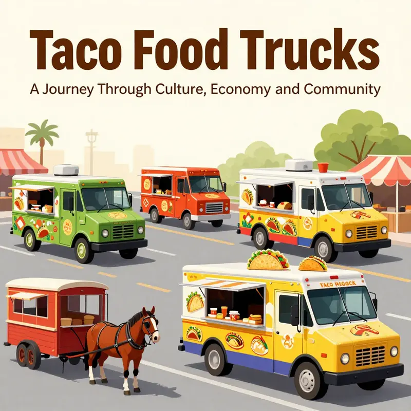An artistic representation of the evolution of food trucks highlighting the transformation from lunch wagons to vibrant taco food trucks.