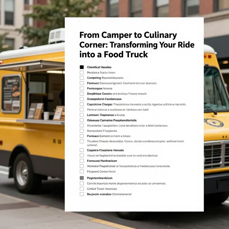 An interior view of a camper converted into a functional kitchen for food truck operations, with vibrant colors and organized equipment.