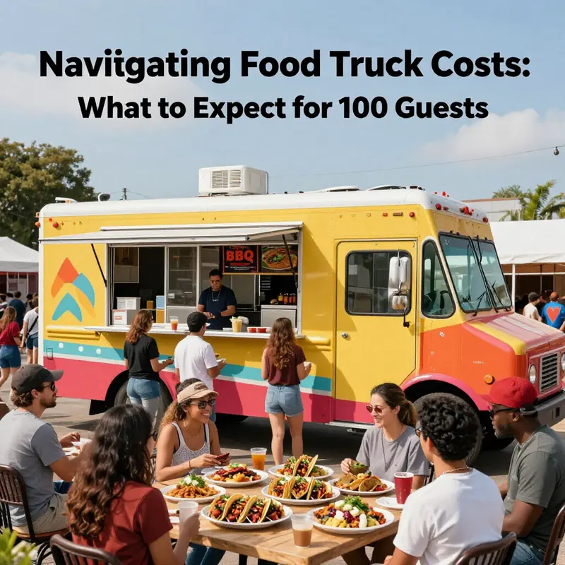 A vibrant food truck catering to a busy event, highlighting the potential costs for serving 100 guests.