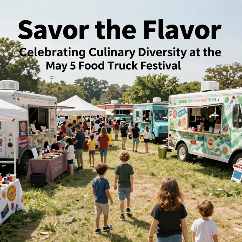 An inviting view of Central Community Park filled with food trucks and people enjoying a vibrant food festival.