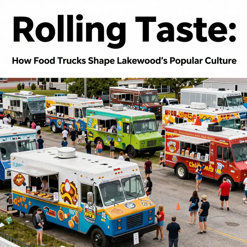A colorful food truck gathering in Lakewood with people enjoying unique cuisines and a festive atmosphere.