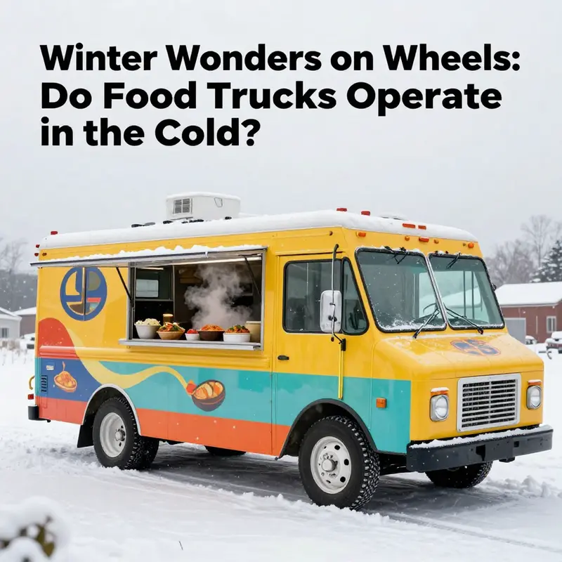 A food truck in a winter setting, serving hot meals with steam rising from the food.