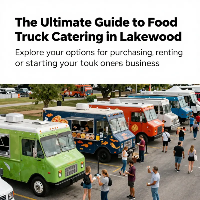 A vibrant scene with multiple food trucks lined up in Lakewood, surrounded by a bustling crowd enjoying diverse culinary offerings.