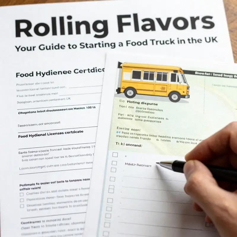 A food truck radiating vibrancy and culinary creativity on a bustling UK street.