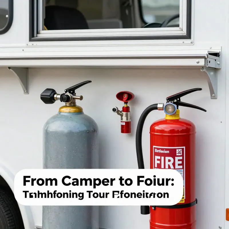 An interior view of a camper converted into a functional kitchen for food truck operations, with vibrant colors and organized equipment.