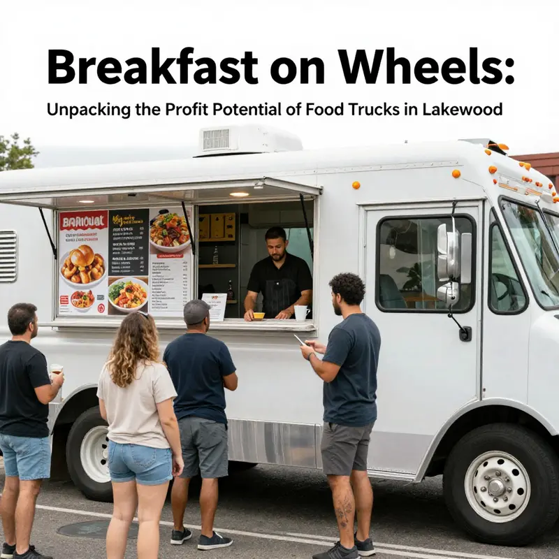 A busy breakfast food truck serving a diverse range of delighted customers in Lakewood.