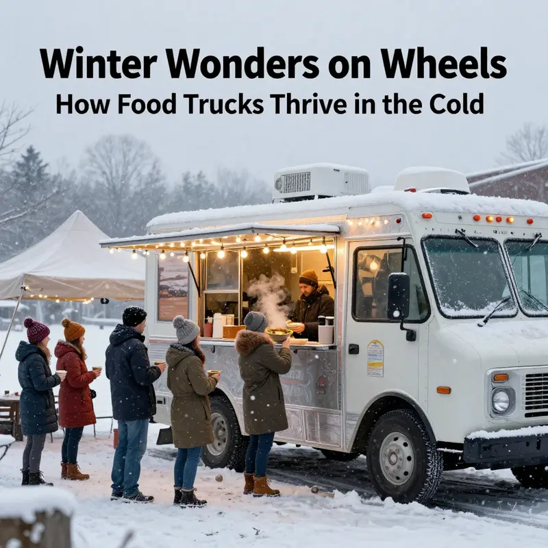 A winter food truck equipped with a heated tent welcomes hungry customers during snowy weather.