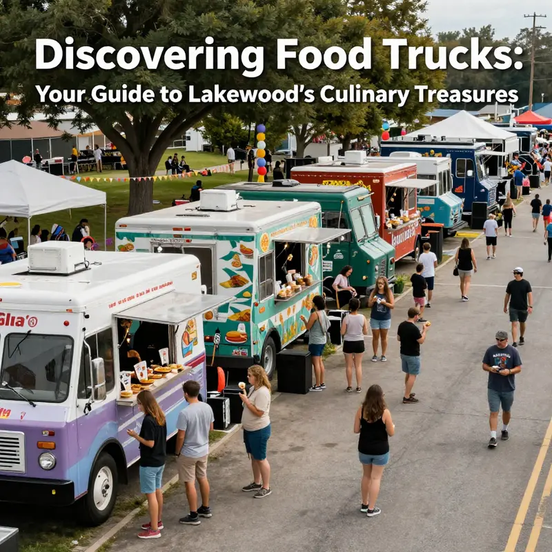 A lively urban atmosphere filled with food trucks, reflecting the diversity of Lakewood’s culinary offerings.