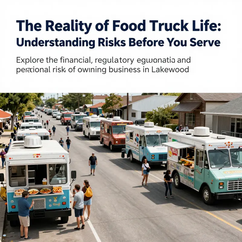 A lively street in Lakewood filled with diverse food trucks and happy customers enjoying culinary delights.