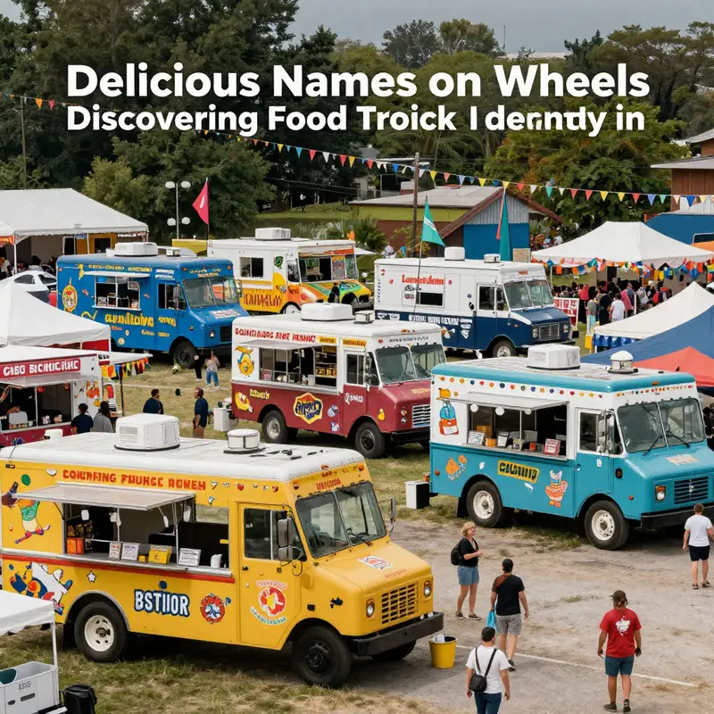A lively food truck festival featuring different trucks with distinctive names and happy customers enjoying meals.