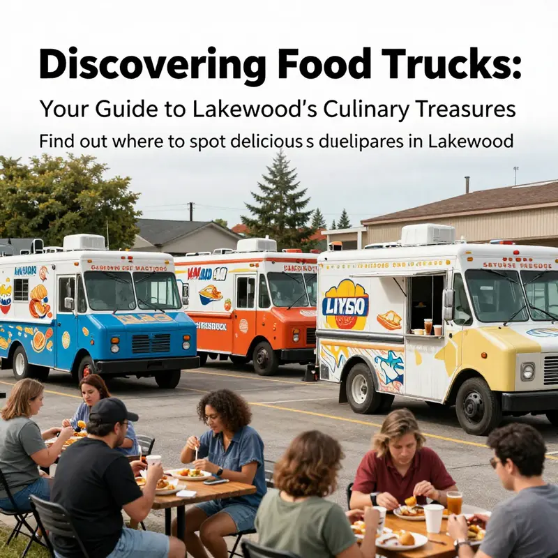 A scene depicting colorful food trucks in Lakewood with customers enjoying diverse meals.